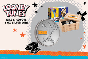 Show your love to Looney Tunes Wile E. Coyote with this super fun release! Made of 1oz pure silver, the coin features a punch out, made to look as if Wile E. has smashed right through. The creative packaging even resembles an ACME product!