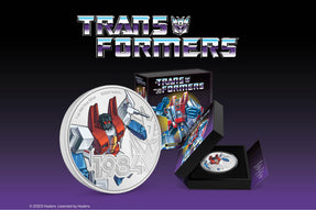 Officially licensed, this coin features a coloured image of Transformers Starscream as seen in his 1984 debut. The design highlights his sleek form, menacing gaze, and striking colour scheme — It’s sure to tingle your nostalgia!