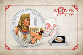 This 1oz pure silver coin features a coloured portrait of Cleopatra herself, adorned with her iconic headdress and intricate jewellery. Some frosted engravings and a mirror finish background have been applied for contrast.