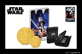 Celebrate the 40th anniversary of Star Wars: Return of the Jedi™! The 1oz silver coin displays the film’s poster and includes colour and engraving. The 1oz & ¼oz gold coins are fully engraved to highlight the anniversary logo featuring Darth Vader.