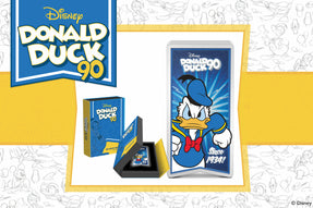 Celebrations kick off for Disney Donald Duck’s 90th anniversary! This 1oz pure silver collectible highlights a coloured image of Disney’s Donald Duck in his sailor shirt, bowtie, and cap. The anniversary logo and year of debut are engraved.