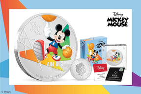 This officially licensed 1oz pure silver coin uses modern design and features both colour and engraving. It also incorporates the words “Aim High” – in keeping with the basketball theme. A must for Mickey fans!