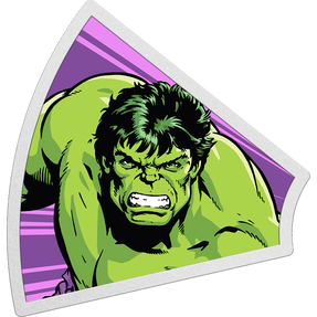 Hulk SMASH! Marvel’s uncontrollable green monster is once again powered by rage on this 1oz pure silver coin. The coloured coin shows an eye-catching image of Hulk capturing his fury. Shaped like a wedge, it creates a circular multi-coin set. - New Zealand Mint