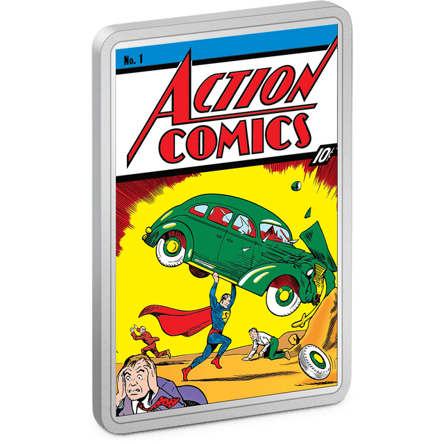 A sight to behold! Action Comics #1 comes to life in the form of a 2oz pure silver coin. Features a coloured image of the first issue of Action Comics from June 1938, featuring the first appearance of SUPERMAN™. Designed to mimic the comic book. - New Zealand Mint