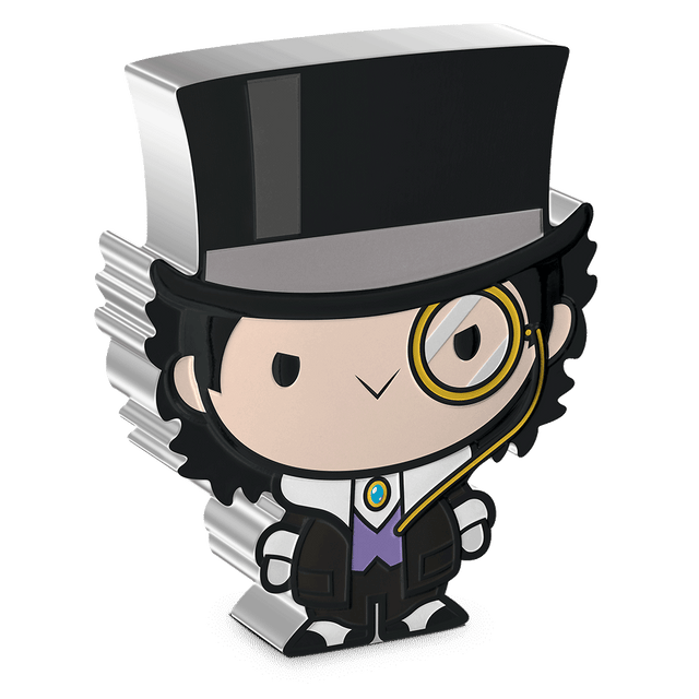 Gentleman of Crime, the PENGUIN™ brings his dark side on a 1oz pure silver Chibi® Coin. The design shows the PENGUIN wearing his classic tuxedo, top hat, monocle, white gloves, and spats — it’s got it all! Uniquely shaped and coloured.  - New Zealand Mint