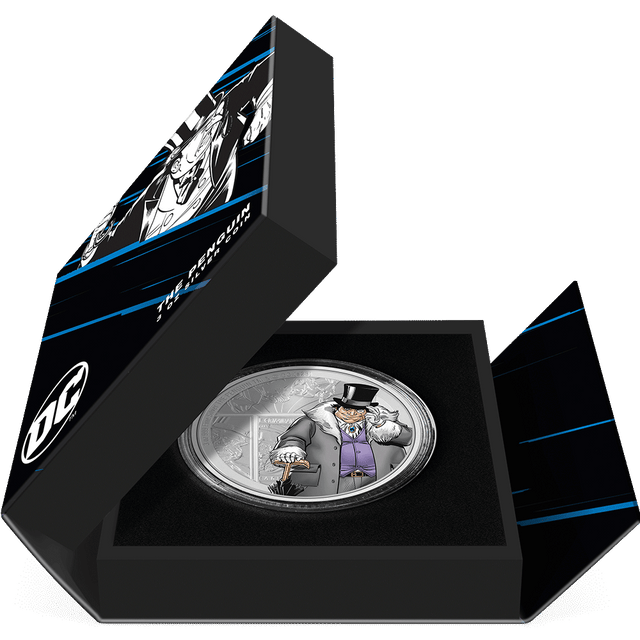 DC Villains – THE PENGUIN™ 3oz Silver Coin Featuring Book-style Packaging with Coin Insert and Certificate of Authenticity Sticker and Coin Specs.