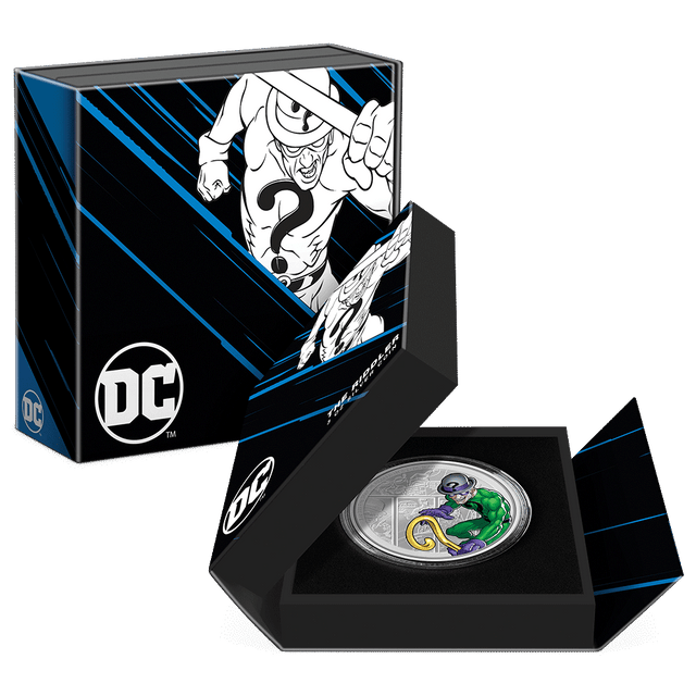 DC Villains – THE RIDDLER™ 3oz Silver Coin Featuring Custom-designed Book-style Packaging with Coin Insert and Certificate of Authenticity.