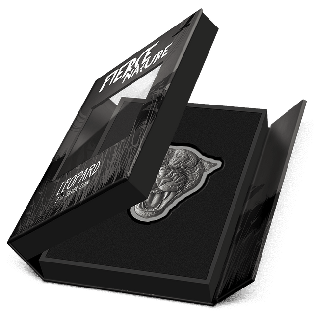 Fierce Nature – Leopard 2oz Silver Coin Featuring Book-style Packaging with Coin Insert and Certificate of Authenticity Sticker and Coin Specs.