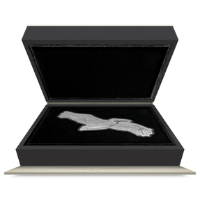 Great Birds – Great White Pelican 2oz Silver Coin Featuring Book-style Packaging with Coin Insert and Certificate of Authenticity Sticker and Coin Specs.