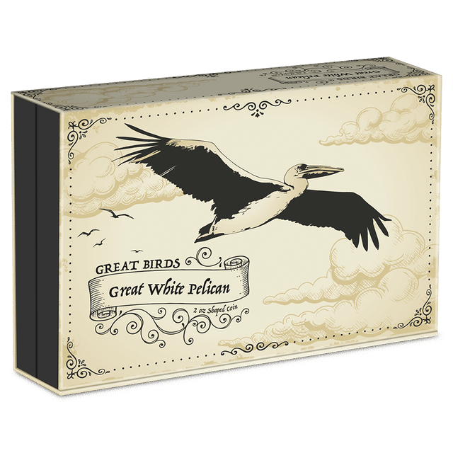Great Birds – Great White Pelican 2oz Silver Coin Featuring Custom Book-style Display Box With Bird Imagery in an Antique Scroll Setting.