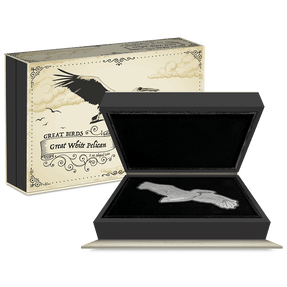 Great Birds – Great White Pelican 2oz Silver Coin Featuring Custom Book-Style Packaging with Printed Coin Specifications.  