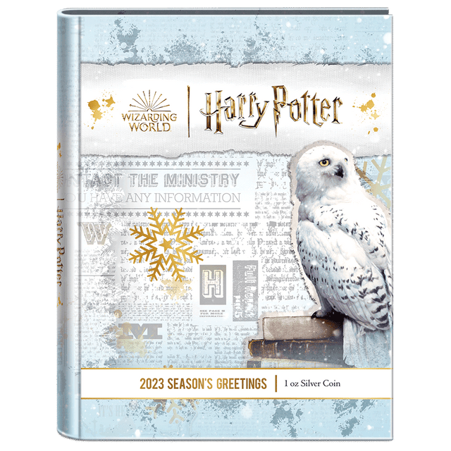 HARRY POTTER™ Season’s Greetings 2023 1oz Silver Coin Featuring Custom-Designed Outer Box With Brand Imagery.