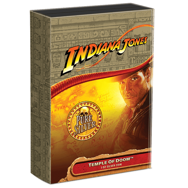 Indiana Jones and the Temple of Doom 1oz Silver Coin Featuring Custom Book-style Display Box With Brand Imagery.