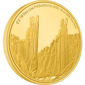 Part of our THE LORD OF THE RINGS™ Middle-earth series, this unique collectible is fully engraved presenting a close-up view of the mighty Argonath in Gondor. Made of 1/4oz pure gold. - New Zealand Mint