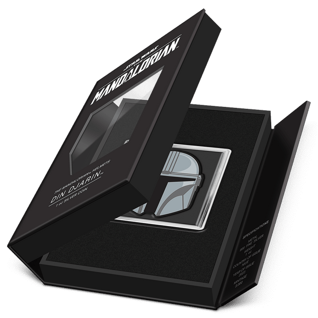The Mandalorian™ Helmets – Din Djarin™ 1oz Silver Coin Featuring Book-style Packaging with Coin Insert and Certificate of Authenticity Sticker and Coin Specs.