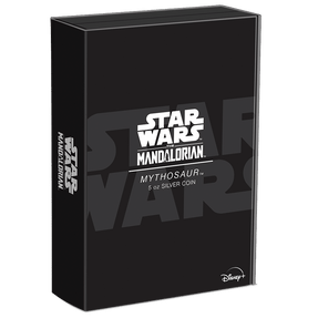 The Mandalorian™ – Mythosaur™ 5oz Silver Shaped Coin Featuring Custom Book-style Display Box With Brand Imagery.
