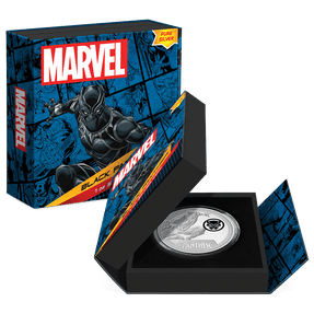 Marvel Black Panther 1oz Silver Coin Featuring Custom Book-Style Packaging with Printed Coin Specifications. 