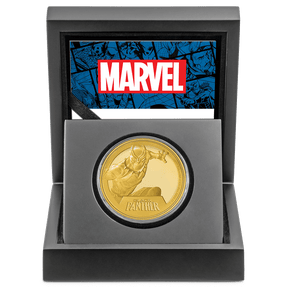 Marvel Black Panther 1oz Gold Coin with Custom Designed Wooden Box with Display Ledge and Certificate of Authenticity.