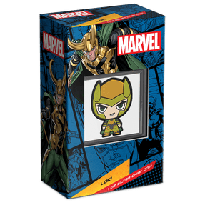 Marvel – Loki 1oz Silver Chibi® Coin Featuring Custom Packaging with Display Window and Certificate of Authenticity Sticker.