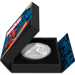 Marvel Spider-Man 1oz Silver Coin Featuring Book-style Packaging with Coin Insert and Certificate of Authenticity Sticker and Coin Specs.