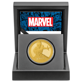 Marvel Spider-Man 1oz Gold Coin With Custom Wooden Display Box and Outer Box Featuring Imagery from the Series and Certificate of Authenticity.