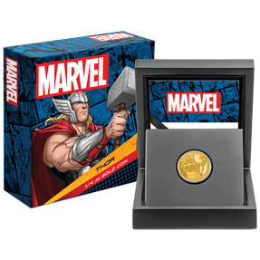 Marvel Thor™ 1/4oz Gold Coin with Custom-Designed Wooden Box with Certificate of Authenticity Holder and Viewing Insert. 
