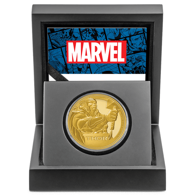 Marvel Thor™ 1oz Gold Coin with Custom Designed Wooden Box with Display Ledge.