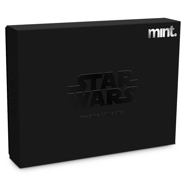 Star Wars™ mint Trading Coins Custom Black Outer Box Featuring Mint and Star Wars Imagery and the line 'Trading Coins 2023'..