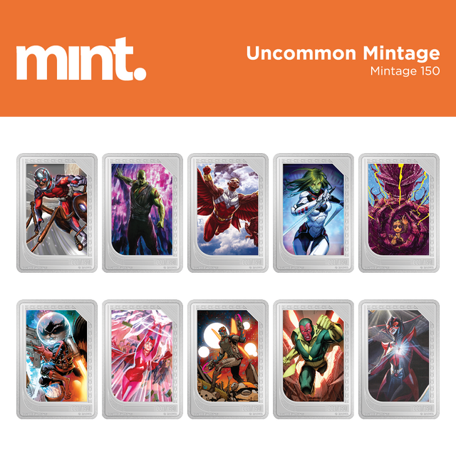 mint Trading Coins – Marvel - Uncommon Mintage 150. Ant-Man, Drax the Destroyer, Falcon, Gamora, Groot, Rocket Raccoon, Scarlet Witch, Star-Lord, Vision, The Wasp.