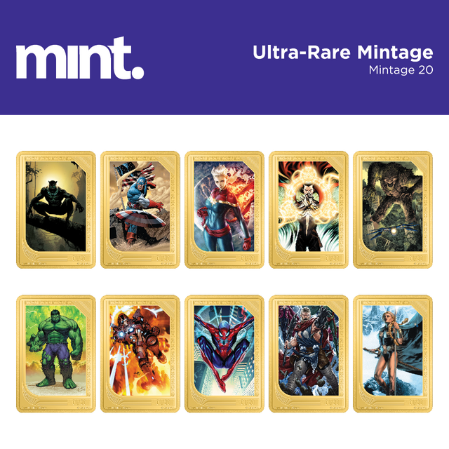 mint Trading Coins – Marvel - Mintage 20. Black Panther, Captain America, Captain Marvel, Doctor Strange, Groot, Incredible Hulk, Iron Man, Spider-Man, Thor, Valkyrie.