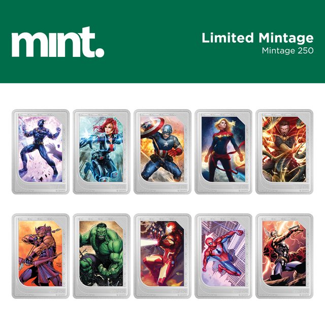 mint Trading Coins – Marvel - Limited Mintage 250. Black Panther, Black Widow, Captain America, Captain Marvel, Doctor Strange, Hawkeye, Hulk, Iron Man, Spider-Man, Thor.