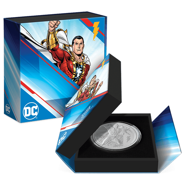 SHAZAM™ Classic 3oz Silver Coin Featuring Custom Book-Style Packaging with Printed Coin Specifications. 