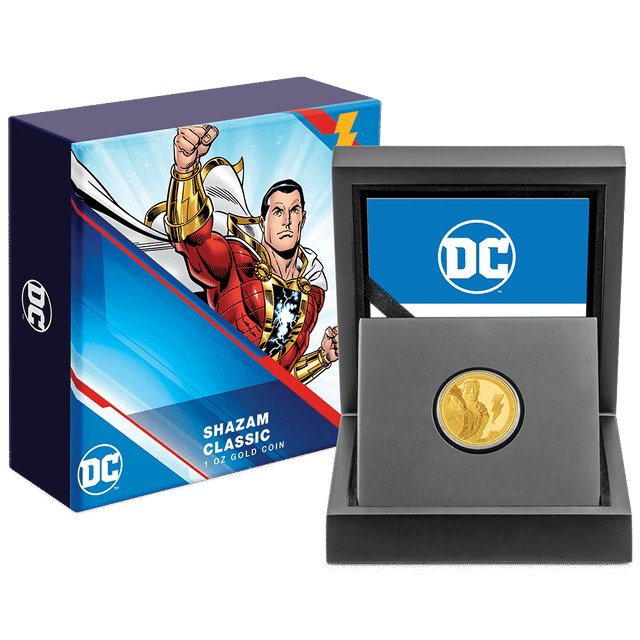 SHAZAM™ Classic 1/4oz Gold Coin with Custom-Designed Wooden Box with Certificate of Authenticity Holder and Viewing Insert. 