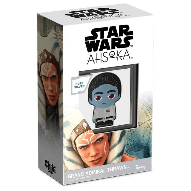 Star Wars™ Ahsoka™ – Grand Admiral Thrawn™ 1oz Silver Chibi® Coin Featuring Custom Packaging with Display Window and Certificate of Authenticity Sticker.