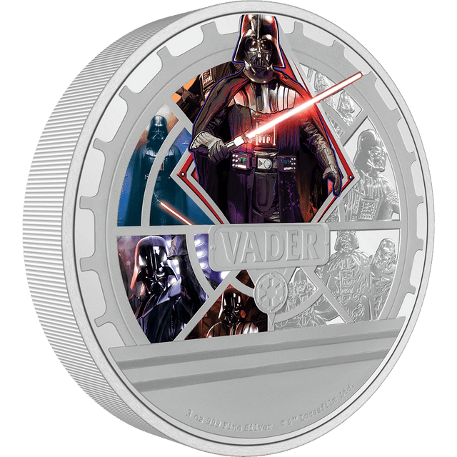 Darth Vader’s legacy imprinted on 3oz pure silver! This large 55mm Classic Coin highlights some of his most iconic moments in the Star Wars™ galaxy. The design shows a powerful collage of the Sith Lord in stunning colour and engraving.