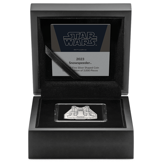 Star Wars™ Snowspeeder™ 1oz Silver Shaped Coin Certificate of Authenticity and Unique Number in the Mintage.