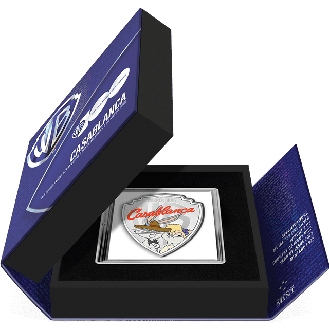 WB100 Looney Tunes Mashups – Casablanca 2oz Silver Coin Featuring Book-style Packaging with Coin Insert and Certificate of Authenticity Sticker and Coin Specs.