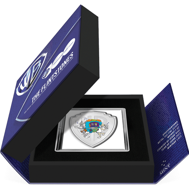 WB100 Looney Tunes Mashups – Flintstones 2oz Silver Coin Featuring Book-style Packaging with Coin Insert and Certificate of Authenticity Sticker and Coin Specs.