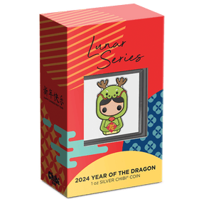 Lunar Series – 2024 Year of the Dragon 1oz Silver Chibi® Coin Featuring Custom Packaging with Display Window and Certificate of Authenticity Sticker. 