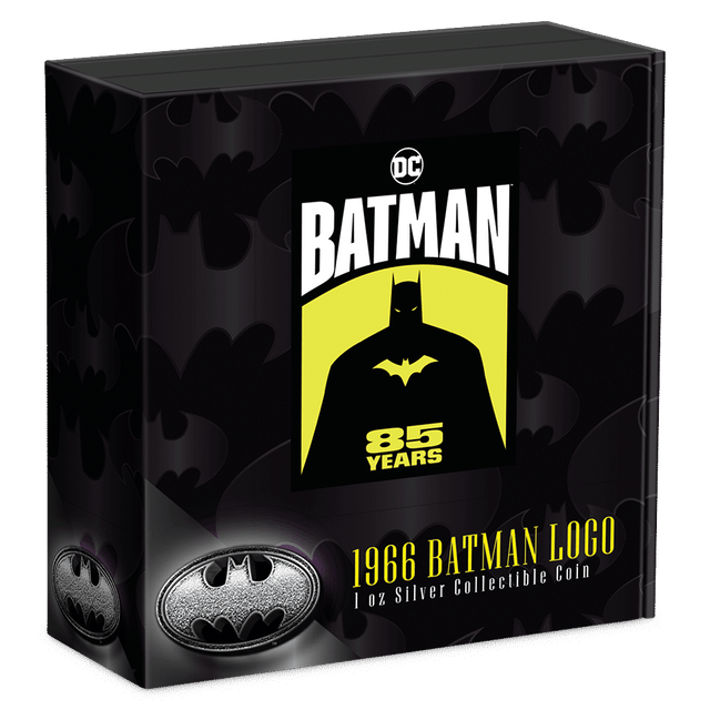BATMAN™ 85 Years – 1966 Batman Logo 1oz Silver Collectible Coin Featuring Custom Book-style Display Box With Brand Imagery.
