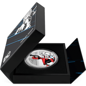 DC Villains – HARLEY QUINN™ 1oz Silver Coin Featuring Book-style Packaging with Coin Insert and Certificate of Authenticity Sticker and Coin Specs. 