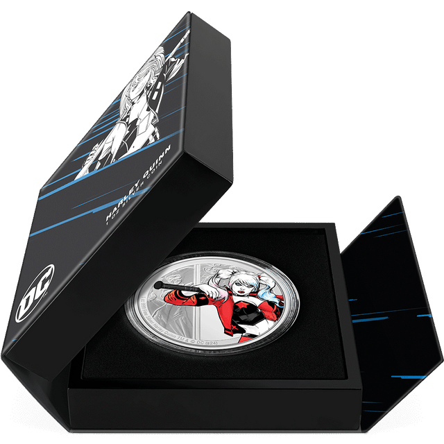 DC Villains – HARLEY QUINN™ 1oz Silver Coin Featuring Book-style Packaging with Coin Insert and Certificate of Authenticity Sticker and Coin Specs. 