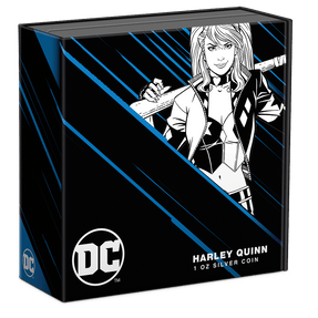 DC Villains – HARLEY QUINN™ 1oz Silver Coin Featuring Custom Book-style Display Box With Brand Imagery. 