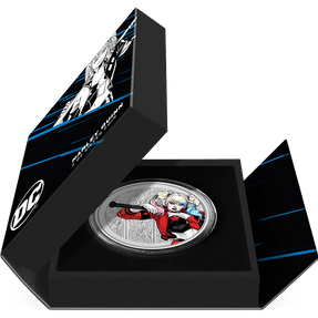 DC Villains – HARLEY QUINN™ 3oz Silver Coin Featuring Book-style Packaging with Coin Insert and Certificate of Authenticity Sticker and Coin Specs.