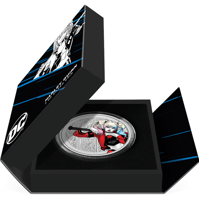 DC Villains – HARLEY QUINN™ 3oz Silver Coin Featuring Book-style Packaging with Coin Insert and Certificate of Authenticity Sticker and Coin Specs.