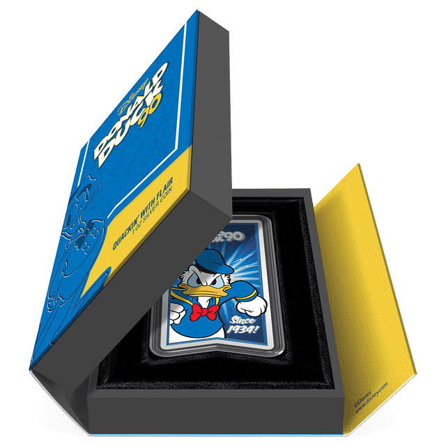Disney Donald Duck 90th – Wise Quackin' Since 1934 1oz Silver Coin Featuring Book-style Packaging with Coin Insert and Certificate of Authenticity Sticker and Coin Specs.