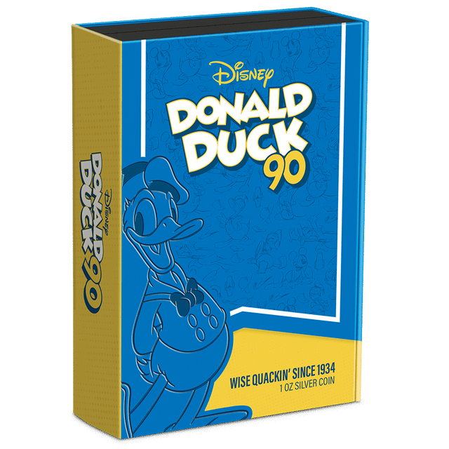Disney Donald Duck 90th – Wise Quackin' Since 1934 1oz Silver Coin Featuring Custom Book-style Display Box With Brand Imagery.
