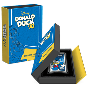 Disney Donald Duck 90th – Wise Quackin' Since 1934 1oz Silver Coin Featuring Custom Book-Style Packaging with Printed Coin Specifications.  