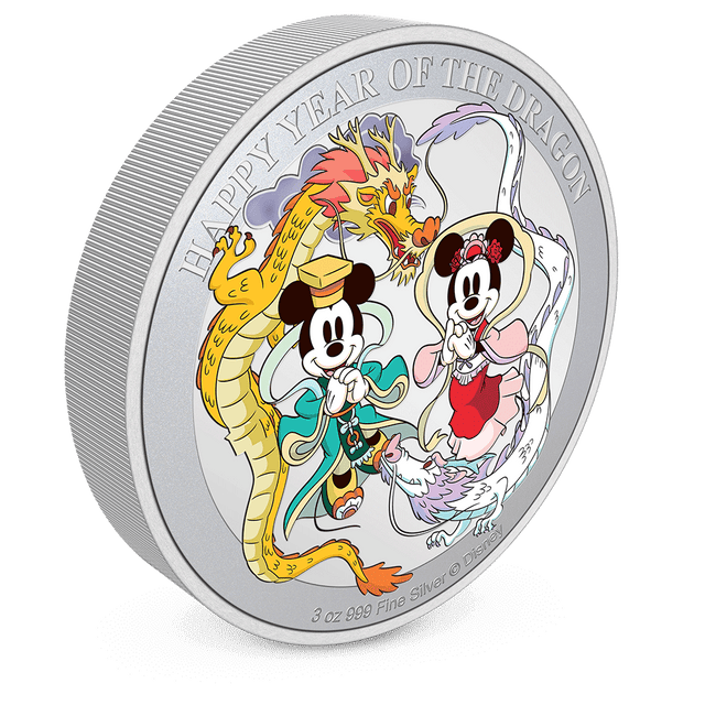Disney Lunar Year of the Dragon 3oz Silver Coin with Milled Edge Finish.