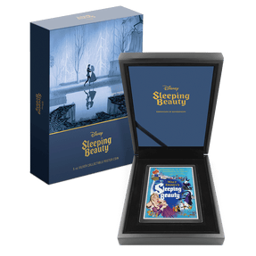 Disney Sleeping Beauty 5oz Silver Collectible Poster Coin With Custom Wooden Display Box and Outer Box Featuring a scene from the film and Certificate of Authenticity.